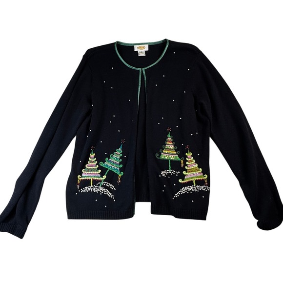 Talbots Womens Cardigan Sweater Christmas Tree Holiday Embroidered Black Size L - Picture 1 of 7